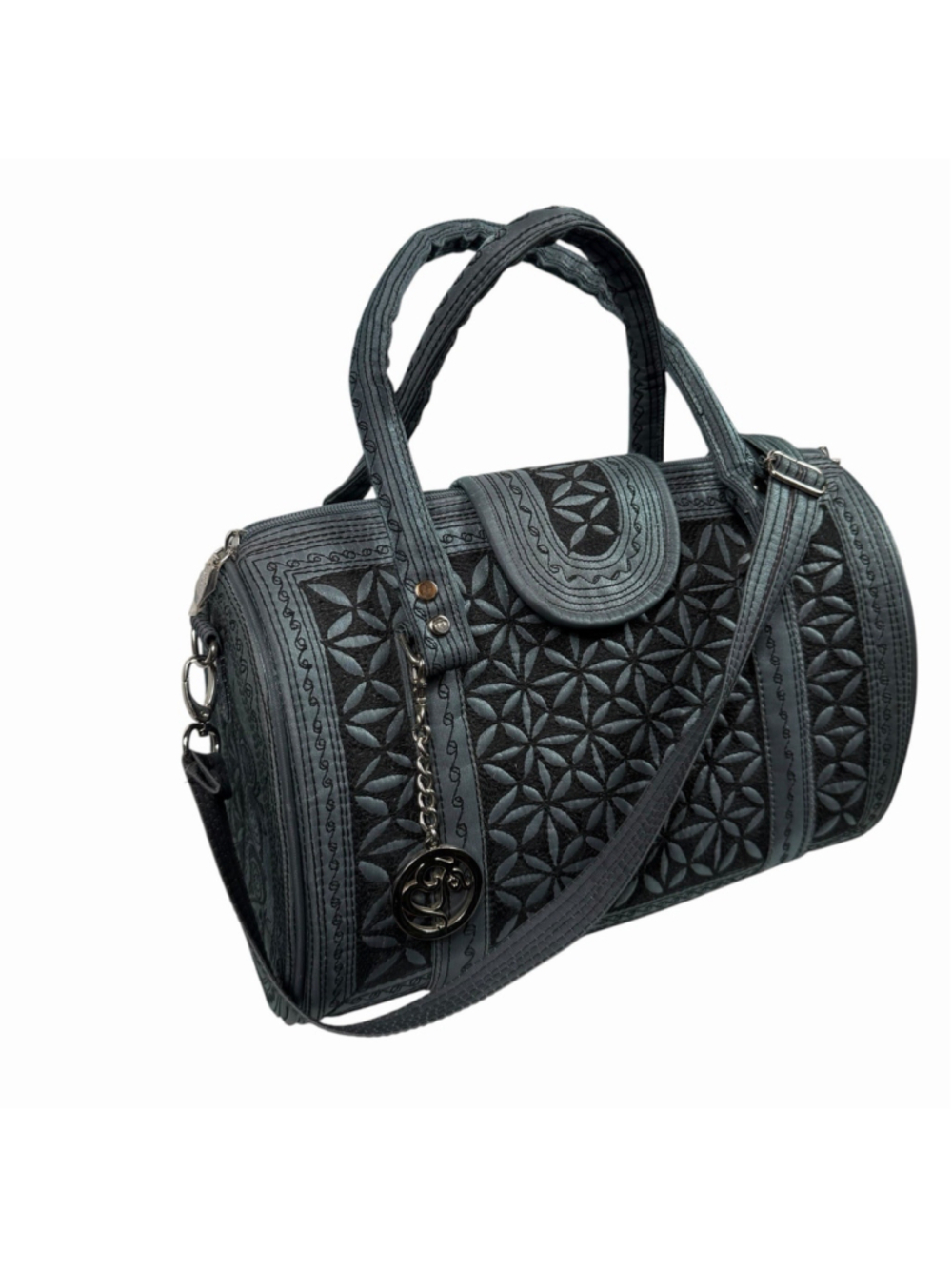 Banda Bags Hitam Large Barrel Purse Gray Blue Floral Shoulder Adjustable Strap - Picture 2 of 10